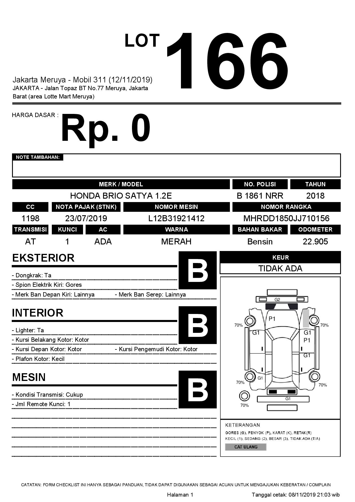  HONDA  BRIO SATYA 1 2E Lelang  Mobil  PT JBA Indonesia 