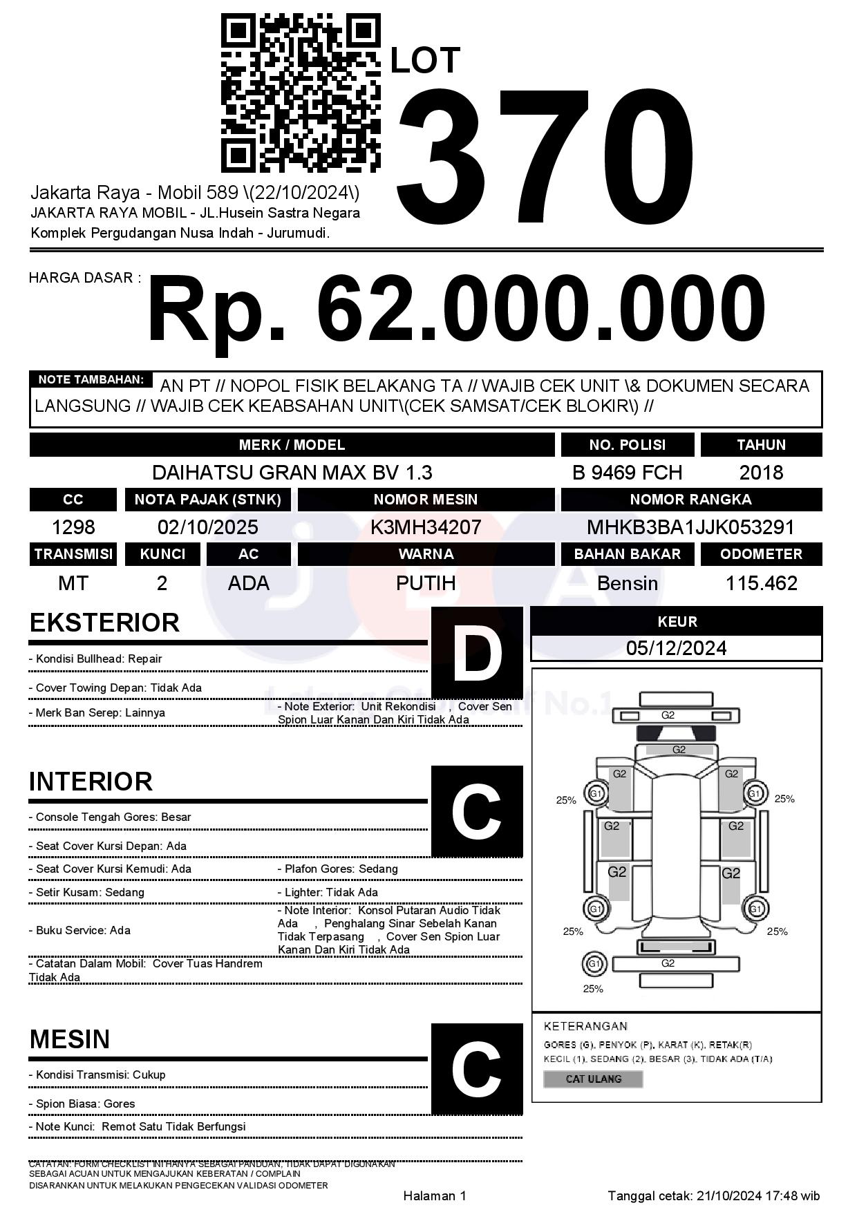 Lelang Mobil DAIHATSU GRAN MAX BV 1.3 MT 2018 PUTIH JAKARTA RAYA MOBIL