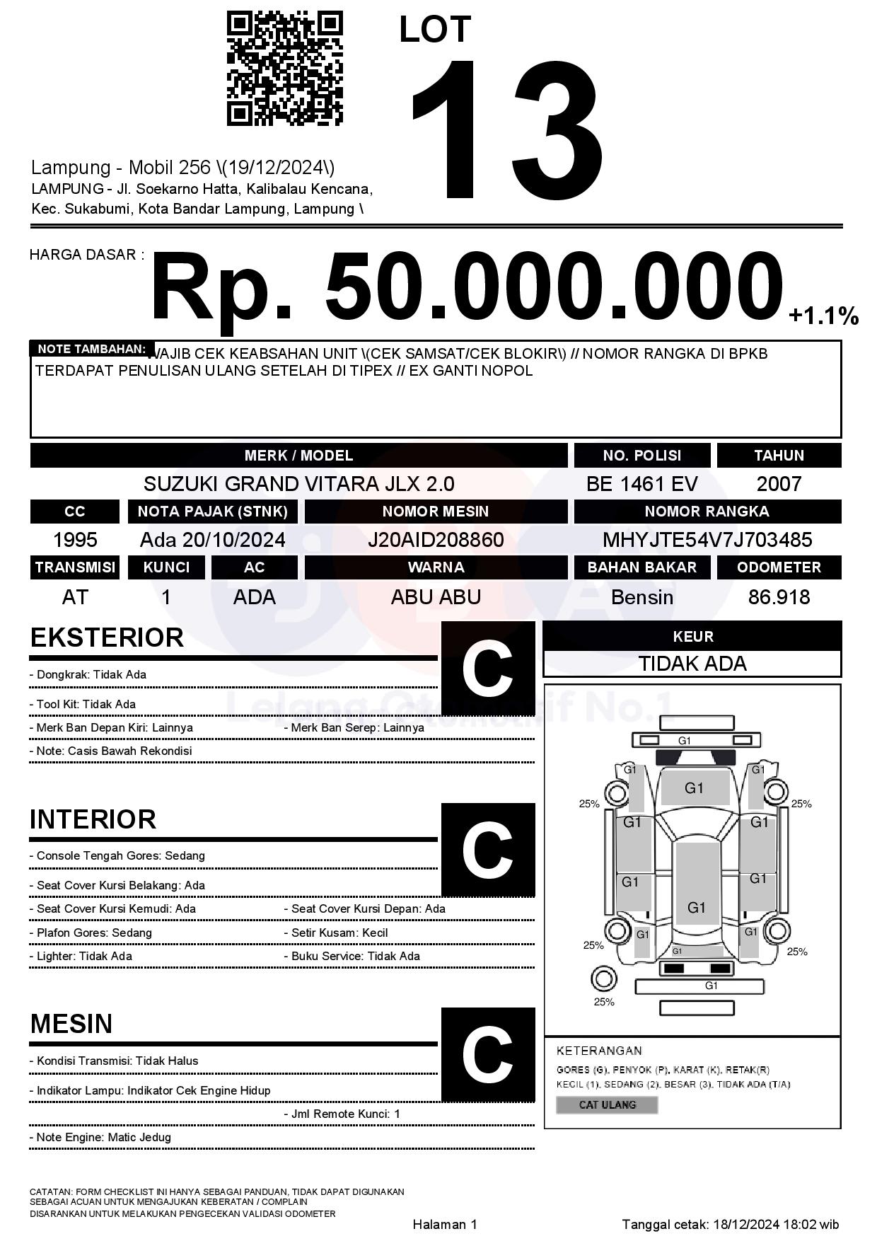 Lelang Mobil Suzuki Grand Vitara Jlx At Abu Abu Metalik Lampung