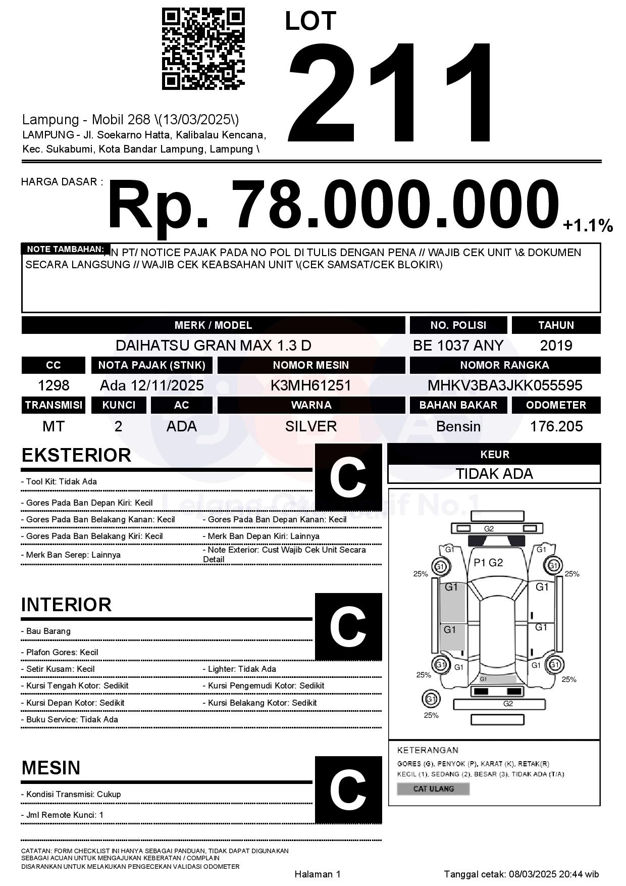 Lelang Mobil DAIHATSU GRAN MAX 1.3 D MT 2019 SILVER METALIK LAMPUNG