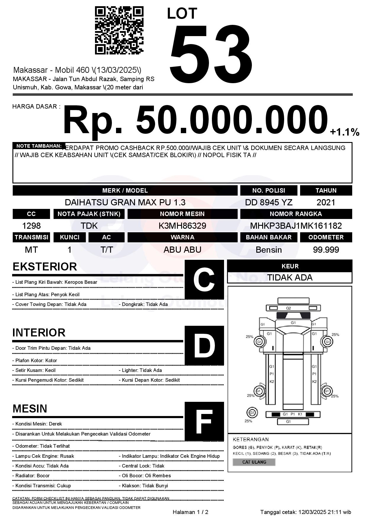 Lelang Mobil DAIHATSU GRAN MAX PU 1.3 MT 2021 ABU ABU METALIK MAKASSAR