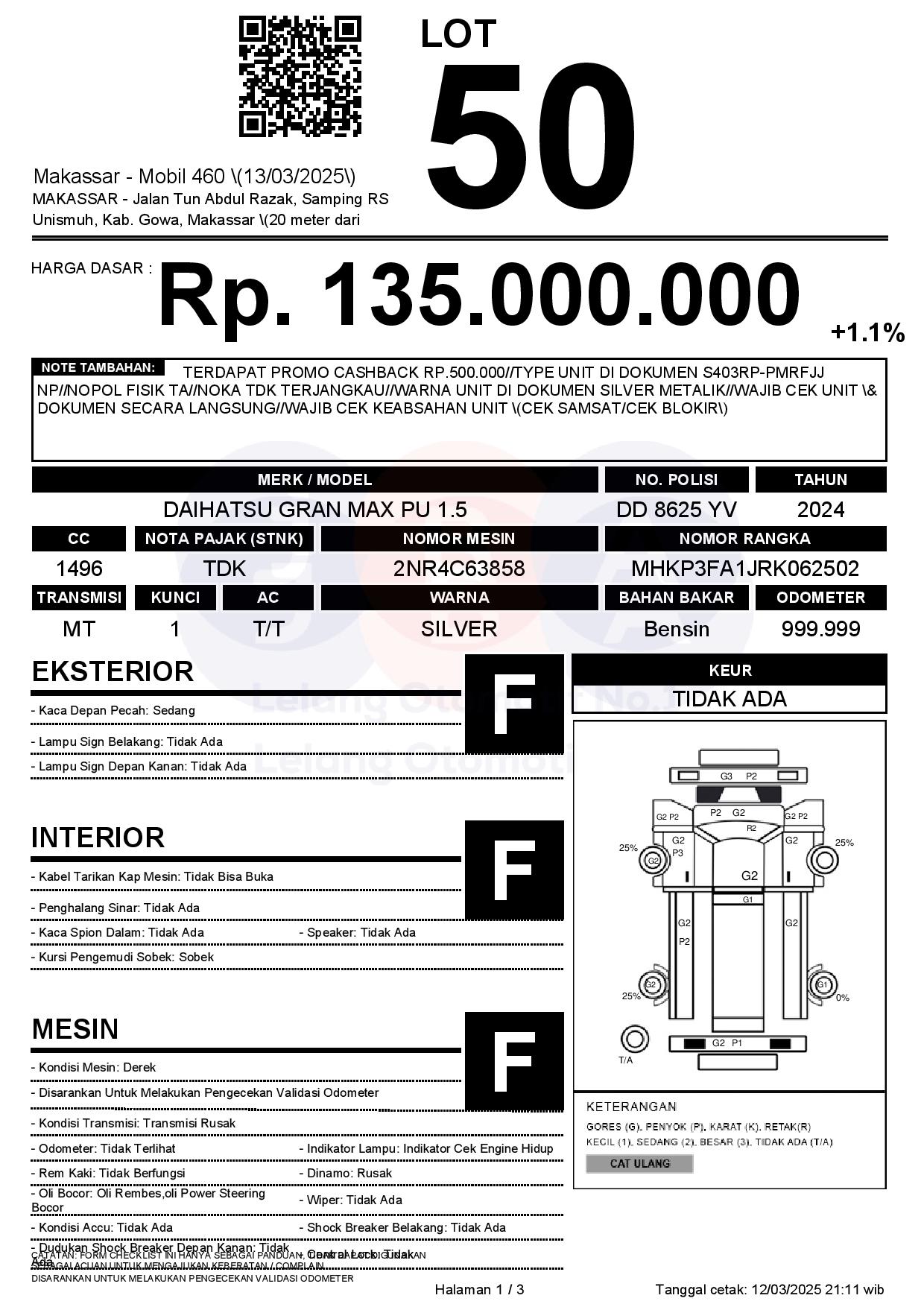 Lelang Mobil DAIHATSU GRAN MAX PU 1.5 MT 2024 SILVER METALIK MAKASSAR